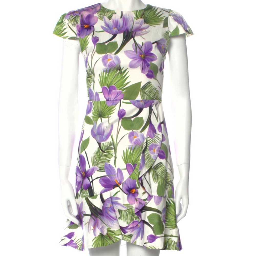 Alice + Olivia Kirby Faux-Wrap Floral Purple Green Flounce Dress Sz 6